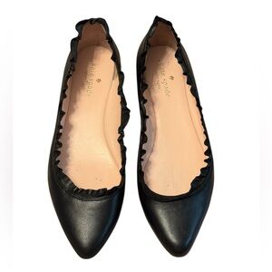 Kate Spade Black Leather Ruffle-Edge Pointed Toe Flats